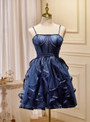 Navy Blue Tulle Pearls Homecoming Dress