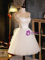 Beige White Tulle Satin Pleats Pearls Homecoming Dress