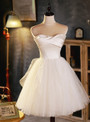 Beige White Tulle Satin Pleats Pearls Homecoming Dress