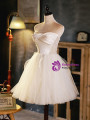 Beige White Tulle Satin Pleats Pearls Homecoming Dress