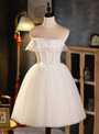 Ivory White Tulle Flower Pearls Homecoming Dress