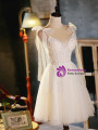 Ivory White Tulle Beading Flower Backless Homecoming Dress