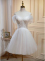 Ivory Tulle Spaghetti Strapls Pleats Pealrs Homecoming Dress
