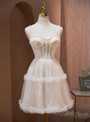 Ivory Tulle Spaghetti Straps Pearls Homecoming Dress