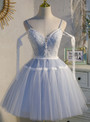 Elegant Blue Tulle Lace Straps Homecoming Dress