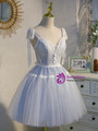 Elegant Blue Tulle Lace Straps Homecoming Dress