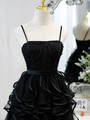 Black Tulle Spaghetti Straps Pearls Homecoming Dress