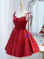 Burgundy Satin Spaghetti Straps Beading Homecoming Dress