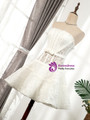 White Lace Strapless Pearls Bow Homecoming Dress