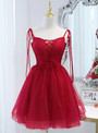 Burgundy Tulle Lace Straps Beading Homecoming Dress