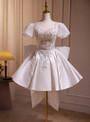 White Satin Puff Sleeve Beading Crystal Homecoming Dress