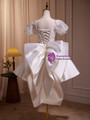 White Satin Puff Sleeve Beading Crystal Homecoming Dress