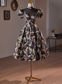 Black Print Puff Sleeve High Neck Beading Homecoming Dress