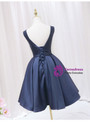 Navy Blue Satin See Through V-neck Homecoming Dress