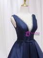 Navy Blue Satin See Through V-neck Homecoming Dress