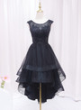 Black Tulle Hi Lo Appliques Beading Prom Dress