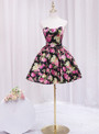 Black Satin Print Strapless Homecoming Dress
