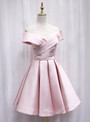 Pink Satin Pleats Off the Shoulder Homecoming Dress