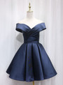 Navy Blue Satin Off the Shoulder Pleats Homecoming Dress