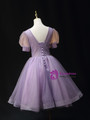 Purple Tulle Puff Sleeve Beading Homecoming Dress