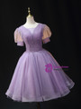 Purple Tulle Puff Sleeve Beading Homecoming Dress