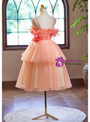 Orange Tulle Spaghetti Straps Flower Homecoming Dress