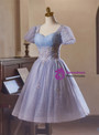 Purple Tulle Sequins Puff Sleeve Homecoming Dress