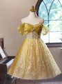 Yellow Tulle Sequins Flower Off the Shoulder Homecoming Dress