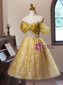 Yellow Tulle Sequins Flower Off the Shoulder Homecoming Dress