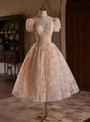 Champagne Lace Short Sleeve High Neck Beading Homecoming Dress