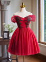 Burgundy Tulle Off the Shoulder Beading Crystal Homecoming Dress