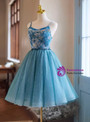 Blue Tulle Straps Oil Painting Pattern Homecoming Dress