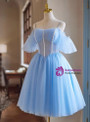 Blue Tulle Lace Spaghetti Straps Pleats Homecoming Dress