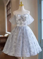 Gray Tulle Lace Sequins Off the Shoulder Homecoming Dress