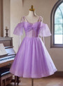 Purple Tulle Spaghetti Straps Short Sleeve Homecoming Dress