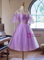 Purple Tulle Spaghetti Straps Short Sleeve Homecoming Dress