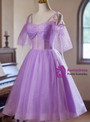 Purple Tulle Spaghetti Straps Short Sleeve Homecoming Dress