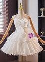 White Tulle Pleats Straps Puff Sleeve Wedding Dress