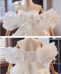 White Tulle Pleats Straps Puff Sleeve Wedding Dress