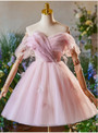 Pink Tulle Pleats Pearls Homecoming Dress