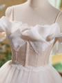 White Tulle Lace Straps Pearls Homecoming Dress