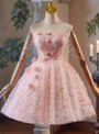Pink Tulle Strapless Pearls Homecoming Dress