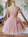 Pink Tulle Flower Off the Shoulder Beading Homecoming Dress