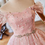Pink Tulle Flower Off the Shoulder Beading Homecoming Dress
