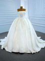 White Satin Strapless Pearls Pleats Wedding Dress