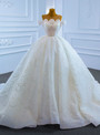 White Ball Gown Tulle Sequins Pearls Wedding Dress