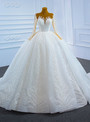 White Tulle Sequins Lace Long Sleeve Wedding Dress