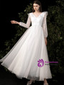 White Lace Long Sleeve V-neck Pregnant Wedding Dress