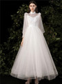 White Tulle Long Sleeve High Neck Wedding Dress