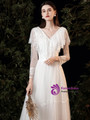 White Long Sleeve Tulle Lace V-neck Wedding Dress